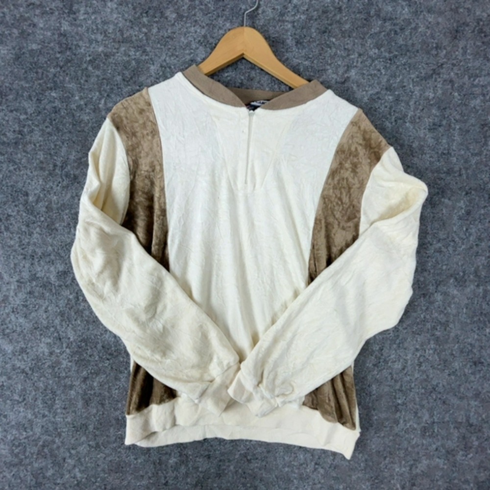 Vintage Action Velour Pullover Mens L Cream Tan Grandpa Quarter Zip Athleisure